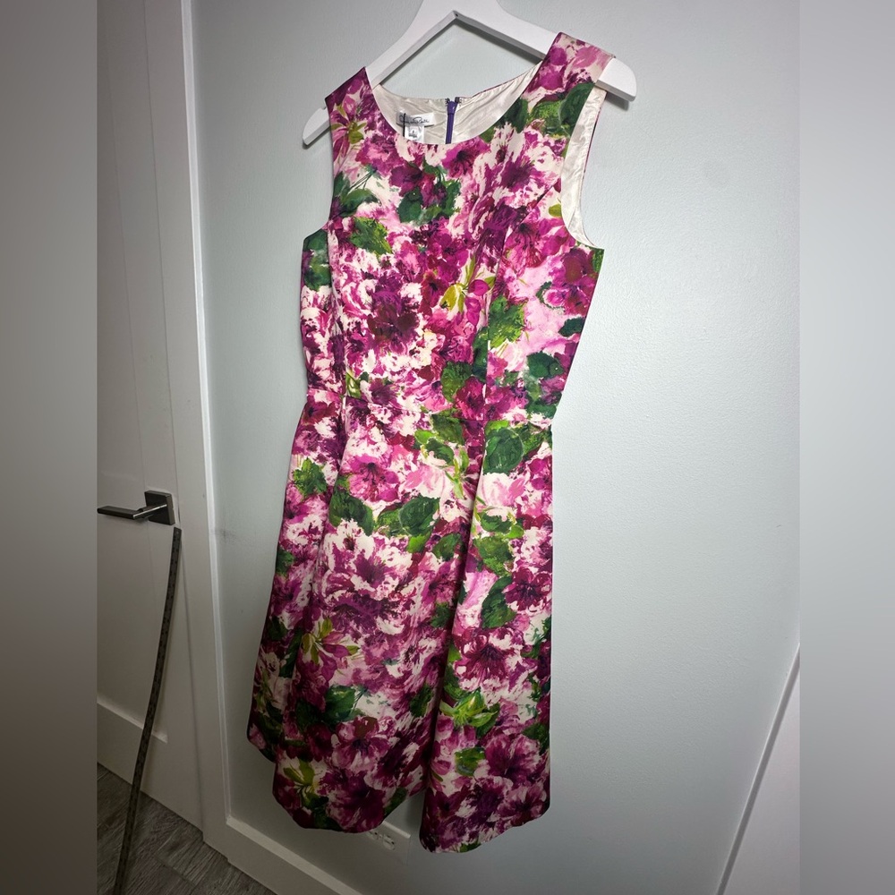 Oscar de la Renta Silk Floral Party Poplin Fit & Flare Cocktail Midi Dress Sz 8 - Picture 9 of 16